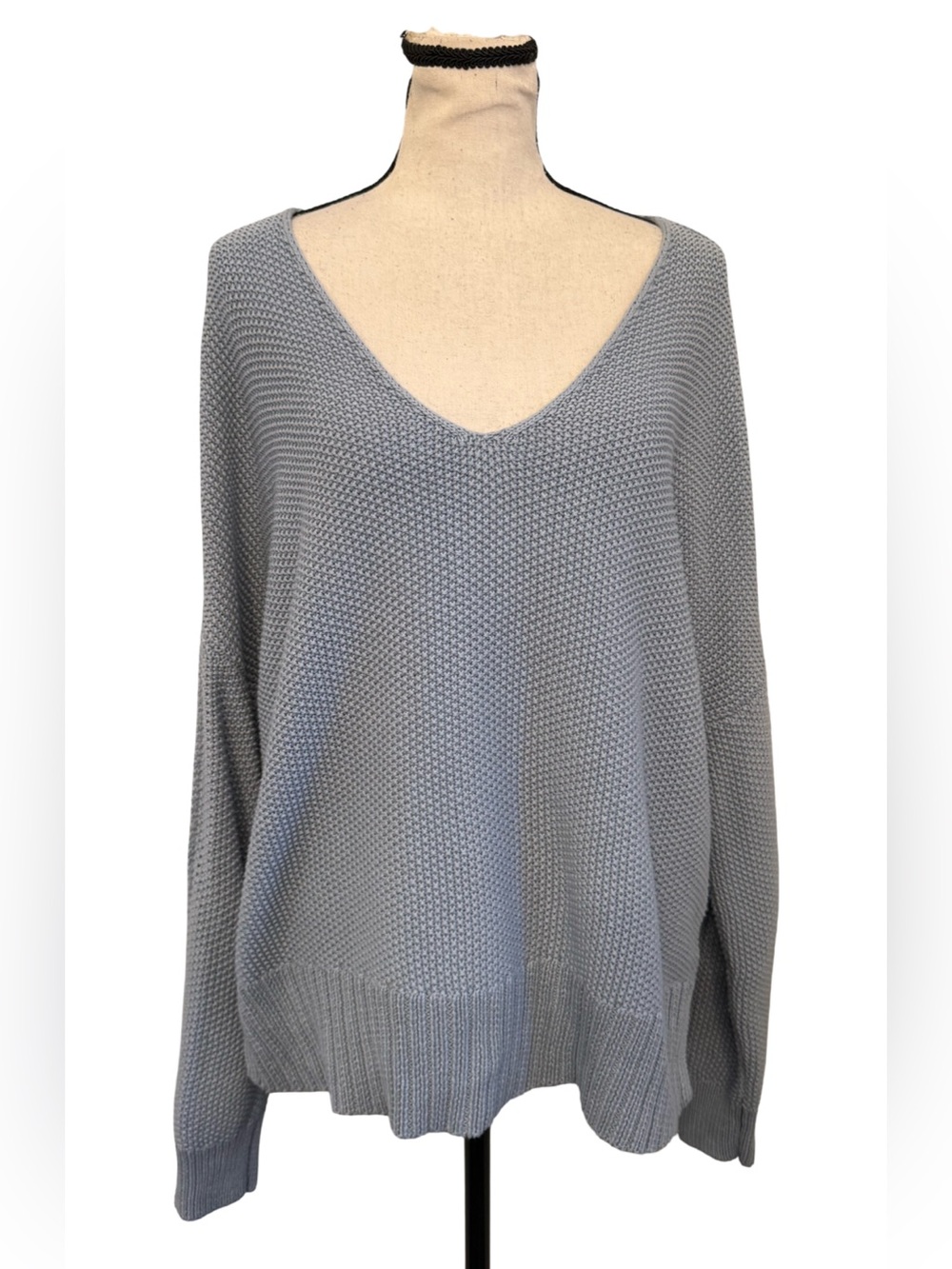 Lucky Brand Blue Textured Knit V Neck Sweater Oversized Pullover Sz Large